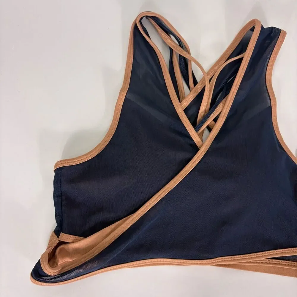 Fabletics Navy Blue‎ with Cream Wrap Strappy Back Sports Bra Size Large